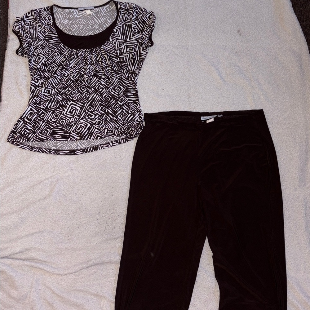 Brown and White Geometric Top and Pants Set